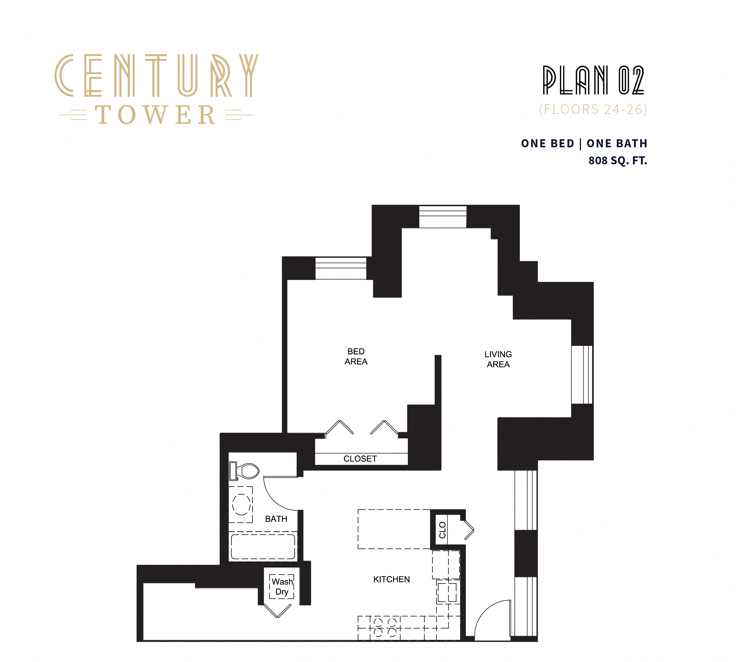 Floor plan for 1 bed, 1 bath, 808 sqft